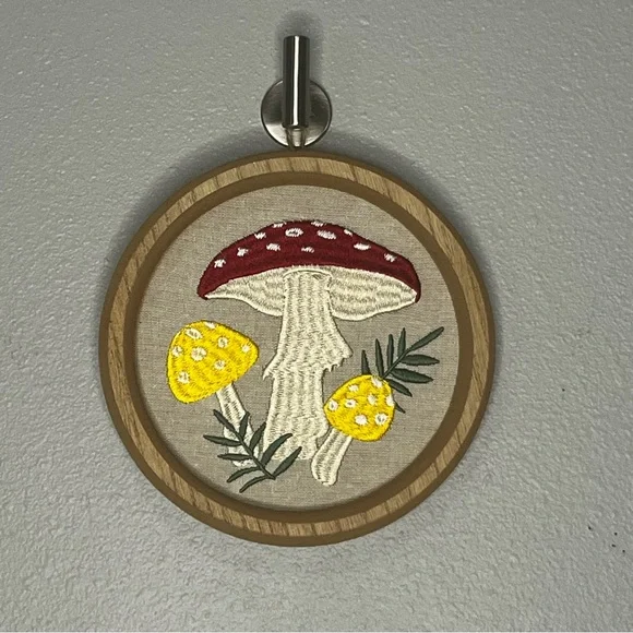 Mushroom Wall Decor Hanging Stitched Framed 8” Boho Cottagecore Farmhouse Hippie - Picture 1 of 5